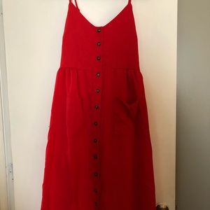 Button Front Red Cotton Midi Sundress